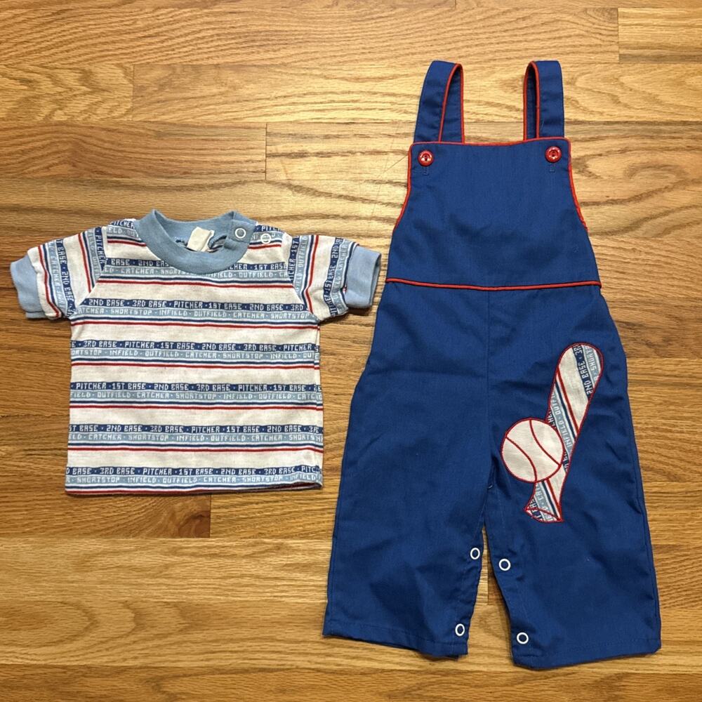 Vintage 2 Piece Overall Set Baseball 70s Retro USA Baby Size 9 months